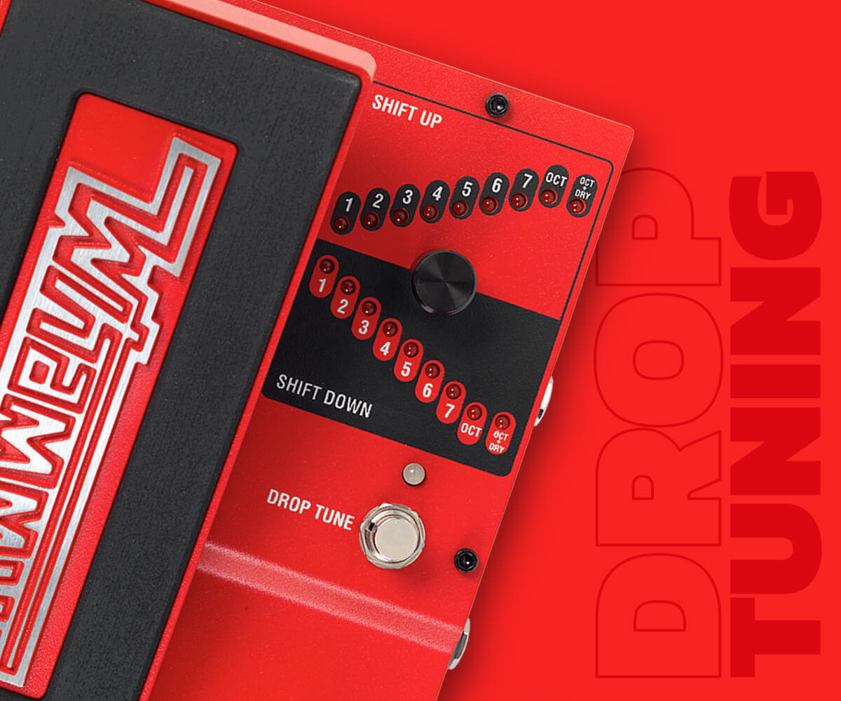 DigiTech Whammy DT classic pitch shifter effect guitar pedal close up in red with red graphics background