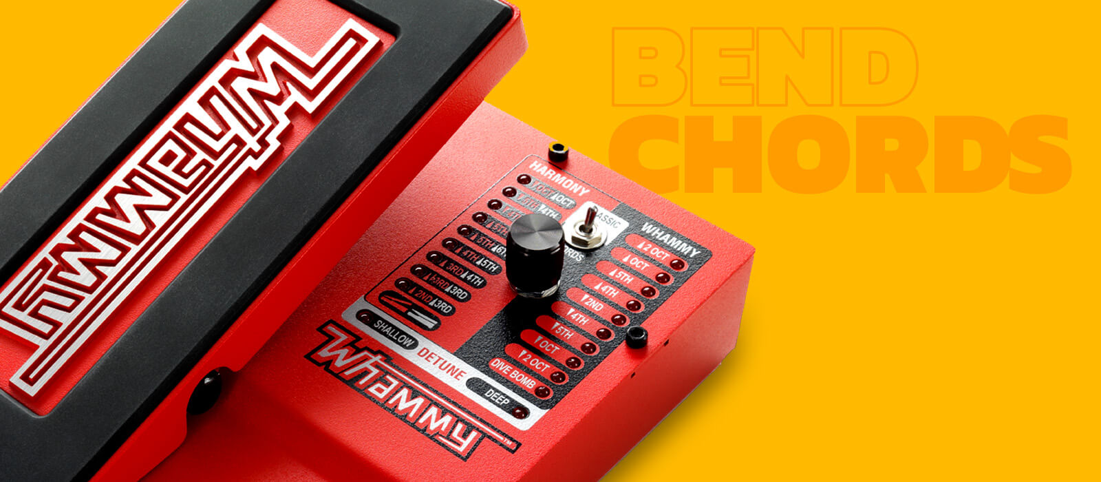 DigiTech Whammy pitch shift effect guitar pedal close up in red with yellow graphics background